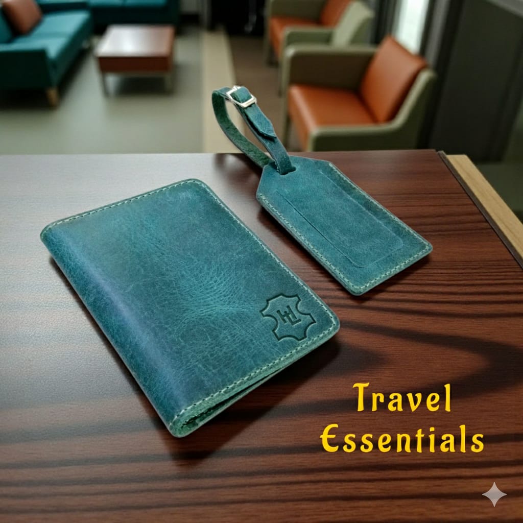 Handmade Leather Passport Cover & Luggage Tag Gift Set- Ocean Green