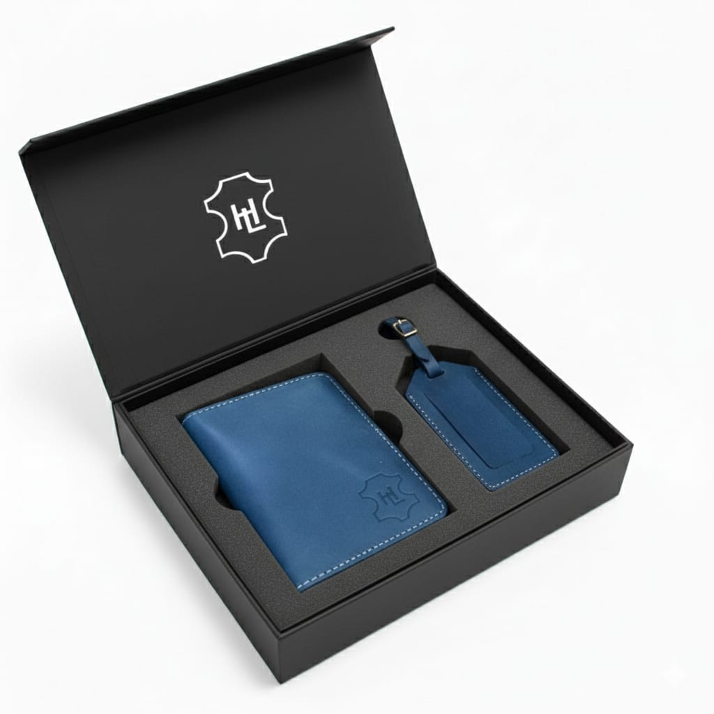 Handmade Leather Passport Cover & Luggage Tag Gift Set- Navy Blue