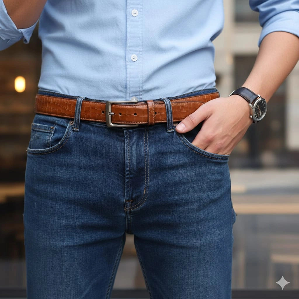 Embossed crocodile leather belt formal casual