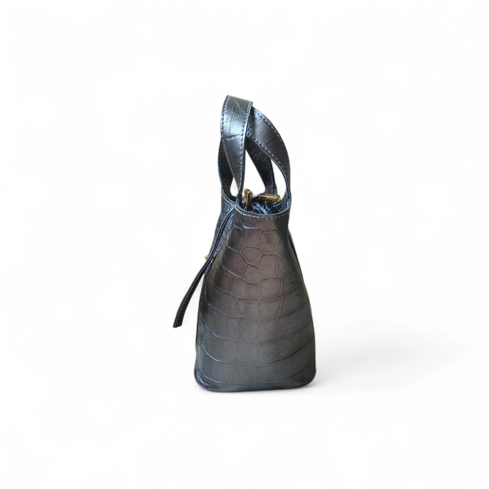 Front view leather bucket bag with stopper lock and top handle