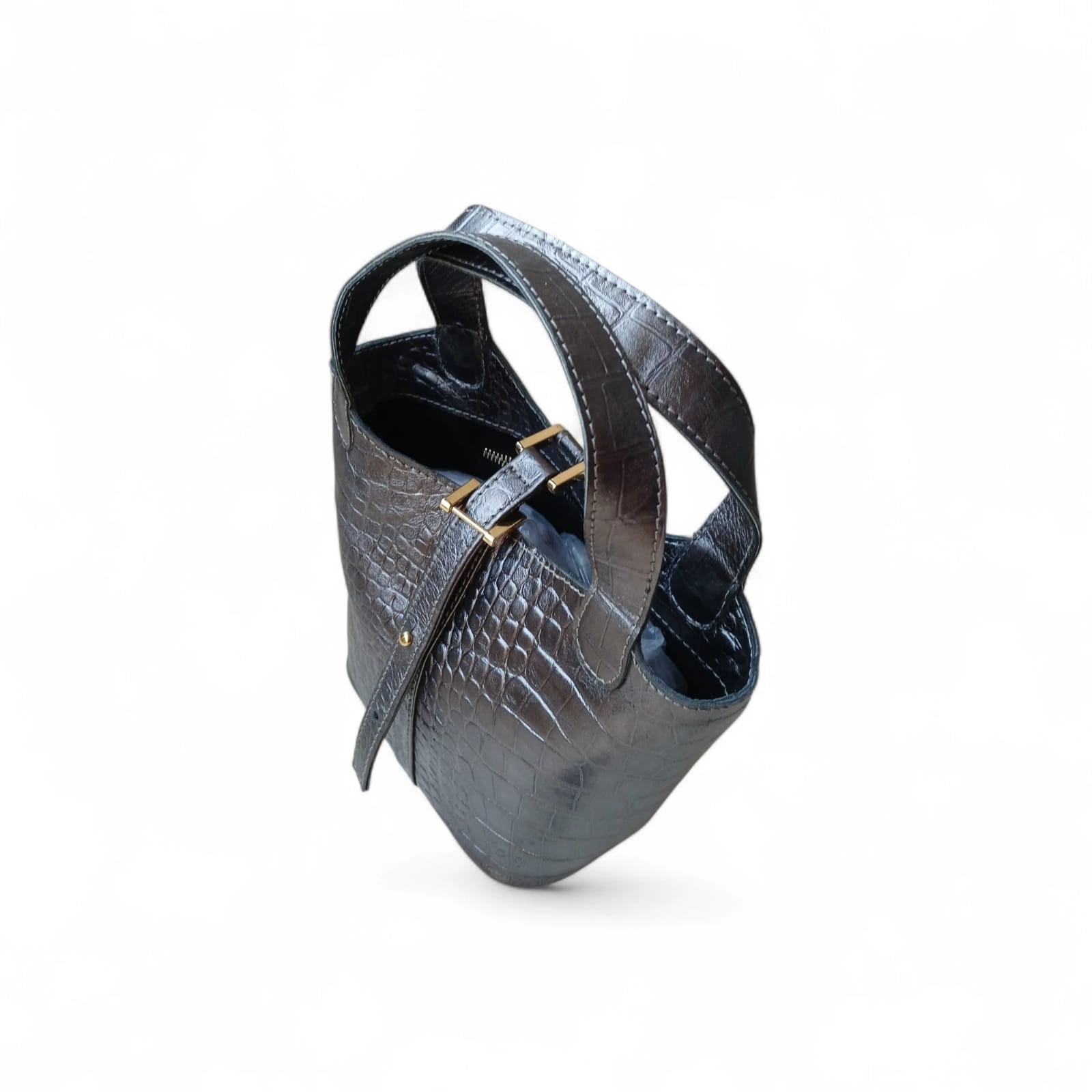 Front view leather bucket bag with stopper lock and top handle