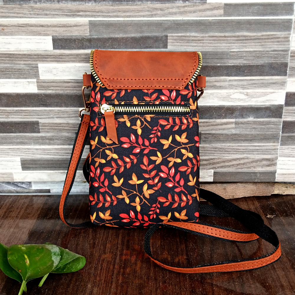 Leafy Printed Canvas and Leather Crossbody Mobile Pouch