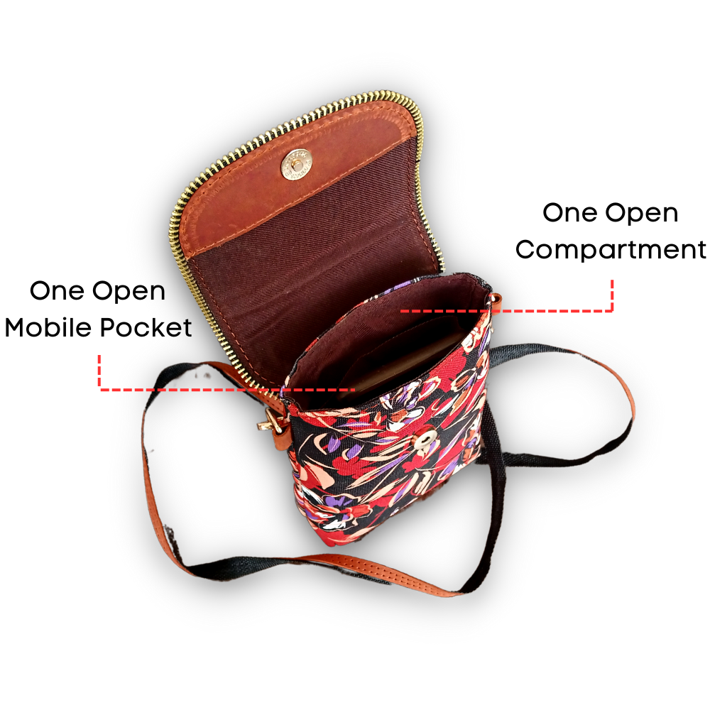 Floral Printed Canvas and Leather Crossbody Mobile Pouch