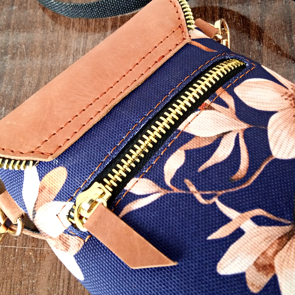 Floral Printed Canvas and Leather Crossbody Mobile Pouch