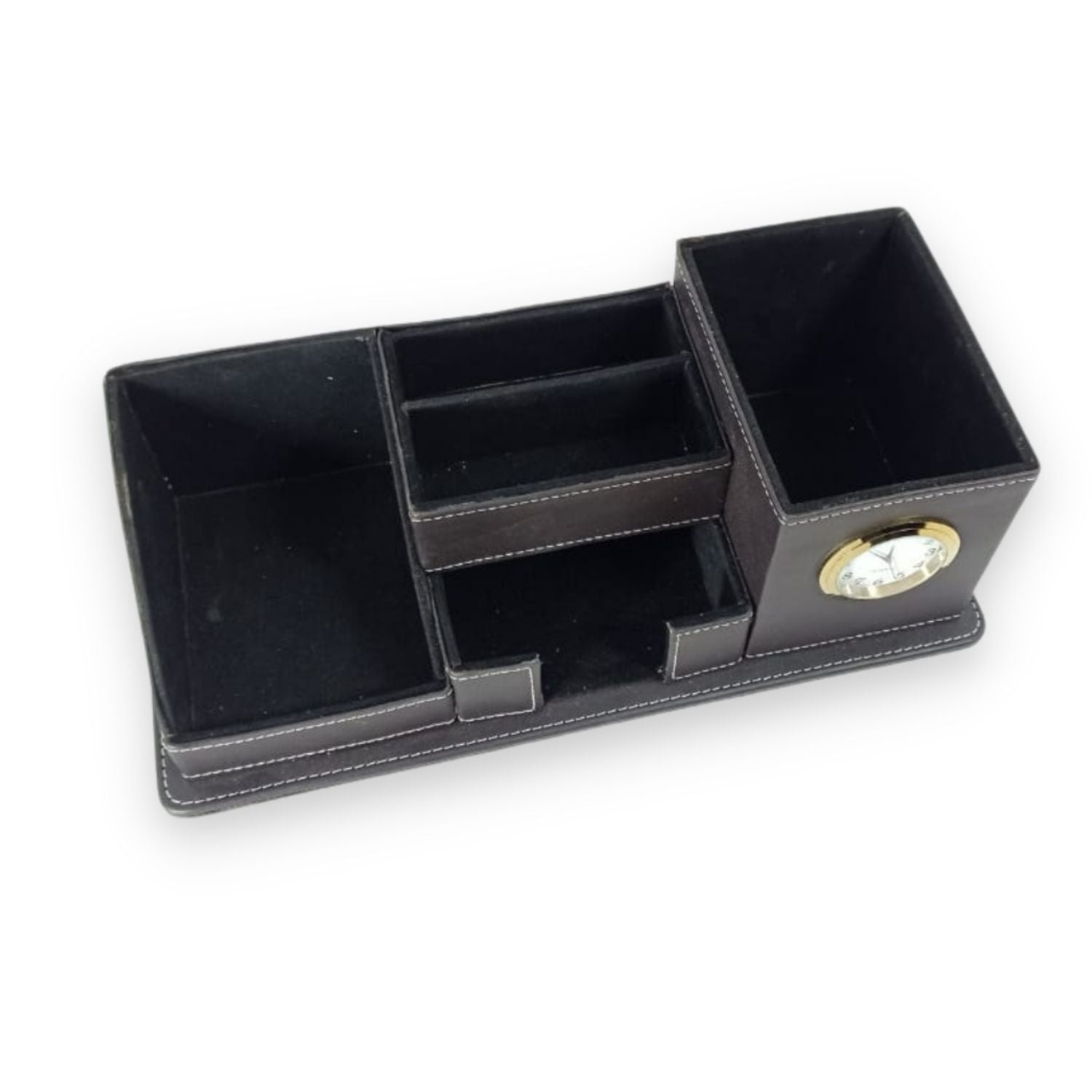 Leather desk organizer with embedded clock and pen storage