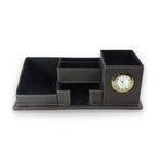 Black leather desk organizer with wood and suede compartments