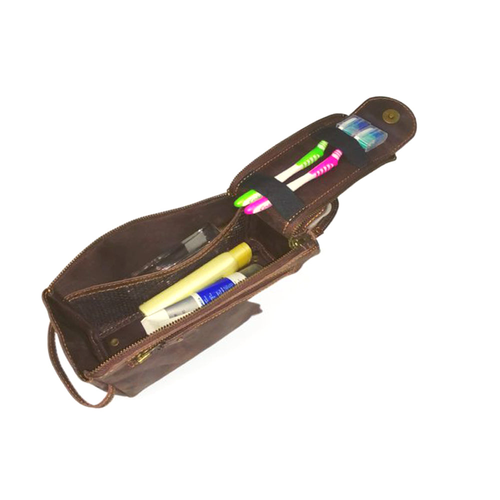 Dark Brown Leather Toiletry Bag - Dopp Kit