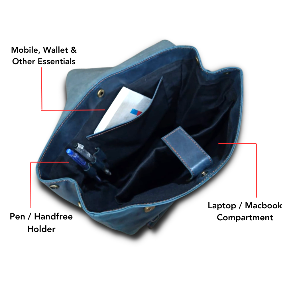 Leather Laptop Backpack Navy Blue Travel Backpack