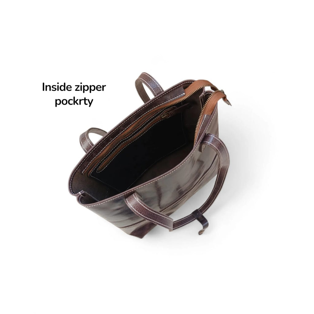 Cognac brown Crazy Horse Leather Tote Bag | Long Handle Women’s Handbag