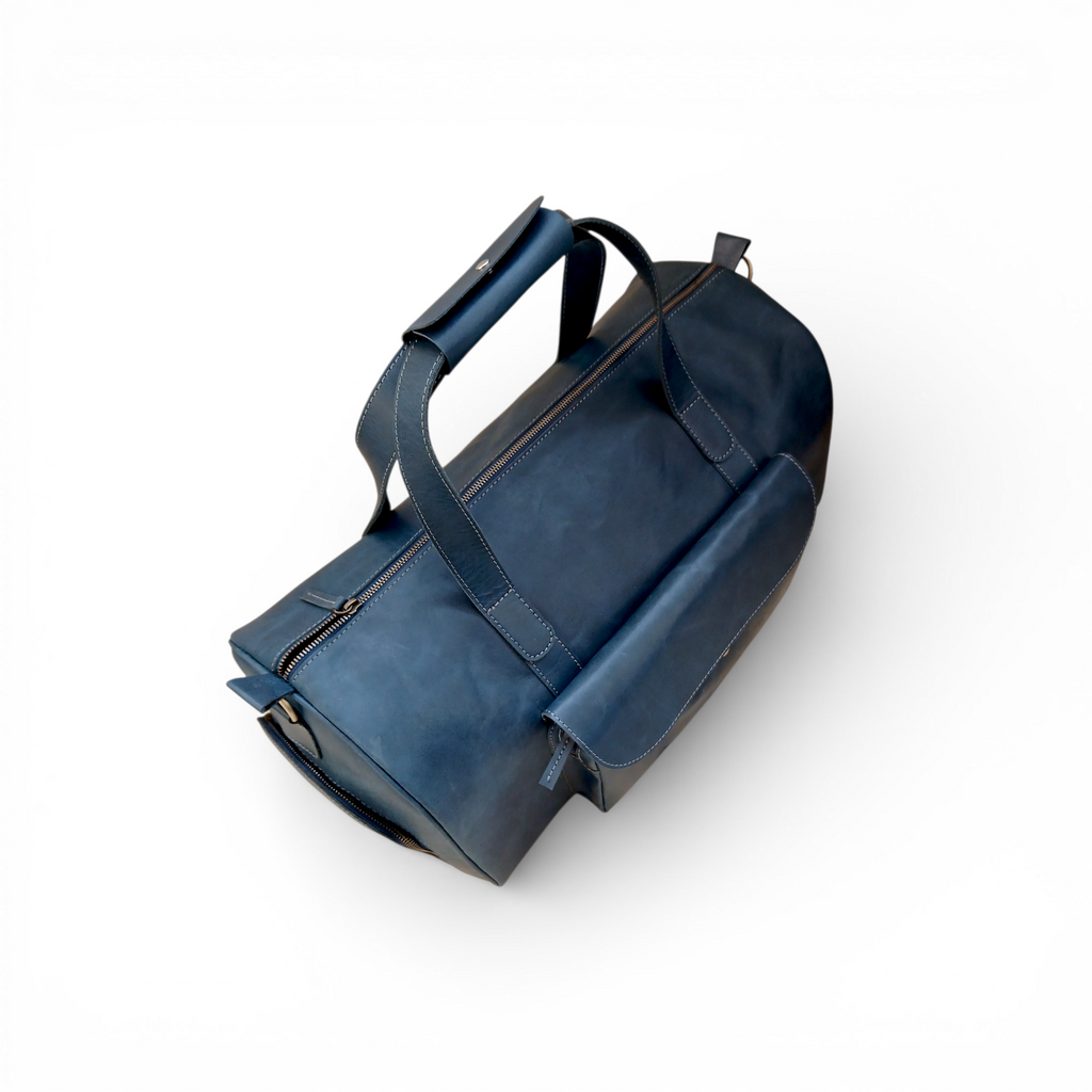 Premium Navy Leather Duffel Weekender Travel Bag