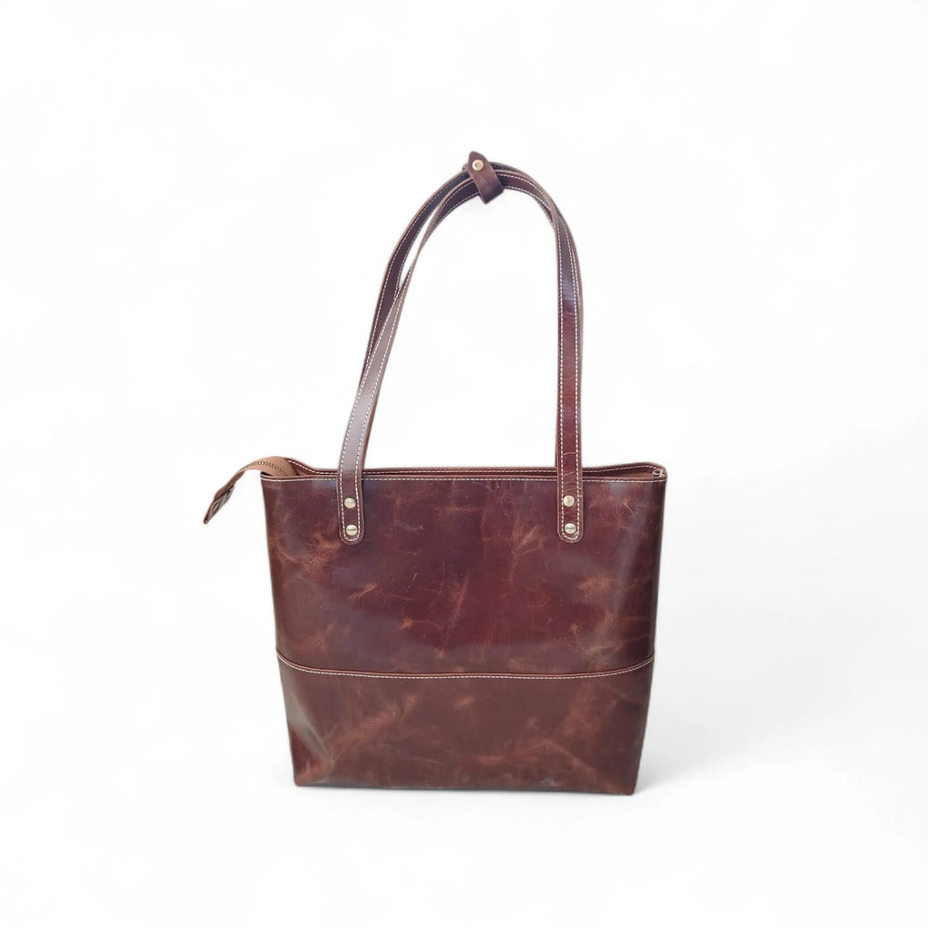 Dark Brown Crazy Horse Leather Tote Bag | Long Handle Women’s Handbag