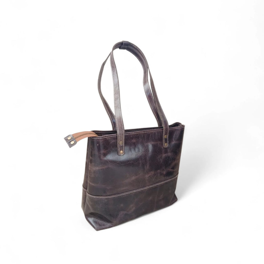 Cognac brown Crazy Horse Leather Tote Bag | Long Handle Women’s Handbag