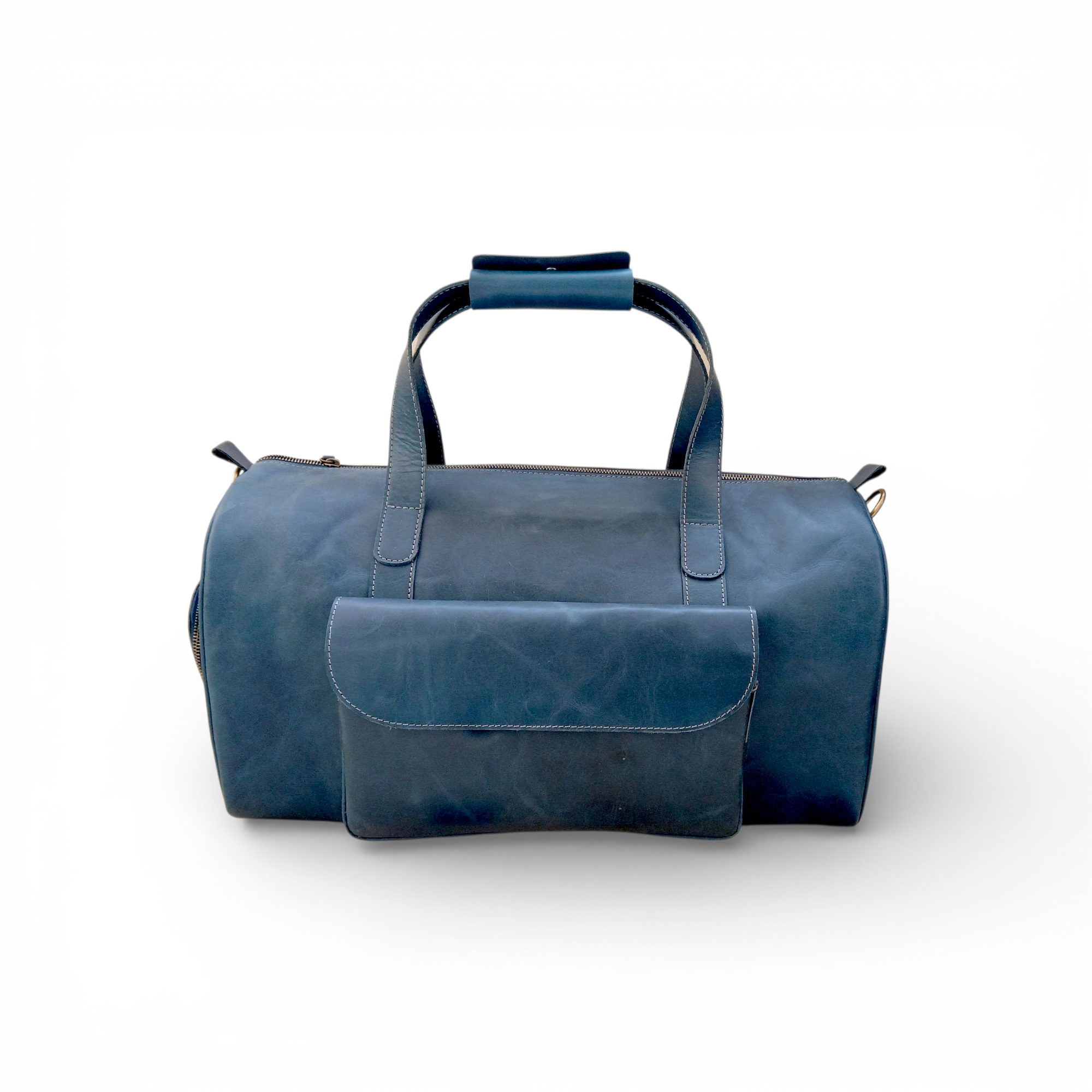 Premium Navy Leather Duffel Weekender Travel Bag
