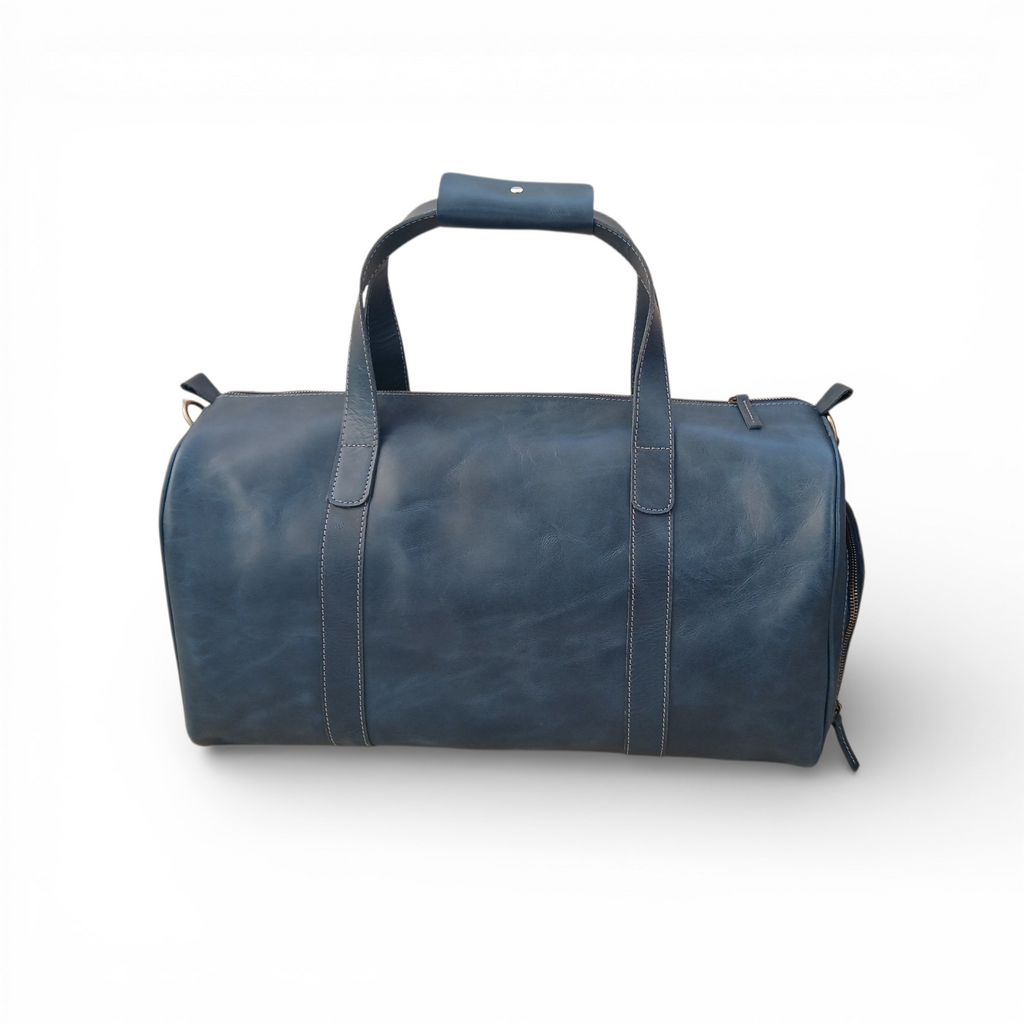 Premium Navy Leather Duffel Weekender Travel Bag