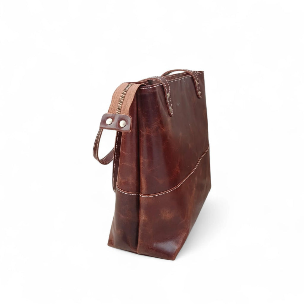 Dark Brown Crazy Horse Leather Tote Bag | Long Handle Women’s Handbag