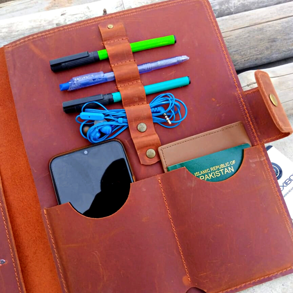 Leather tablet organizer with mobile and notebook slots