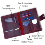 Leather tablet organizer with mobile and notebook slots
