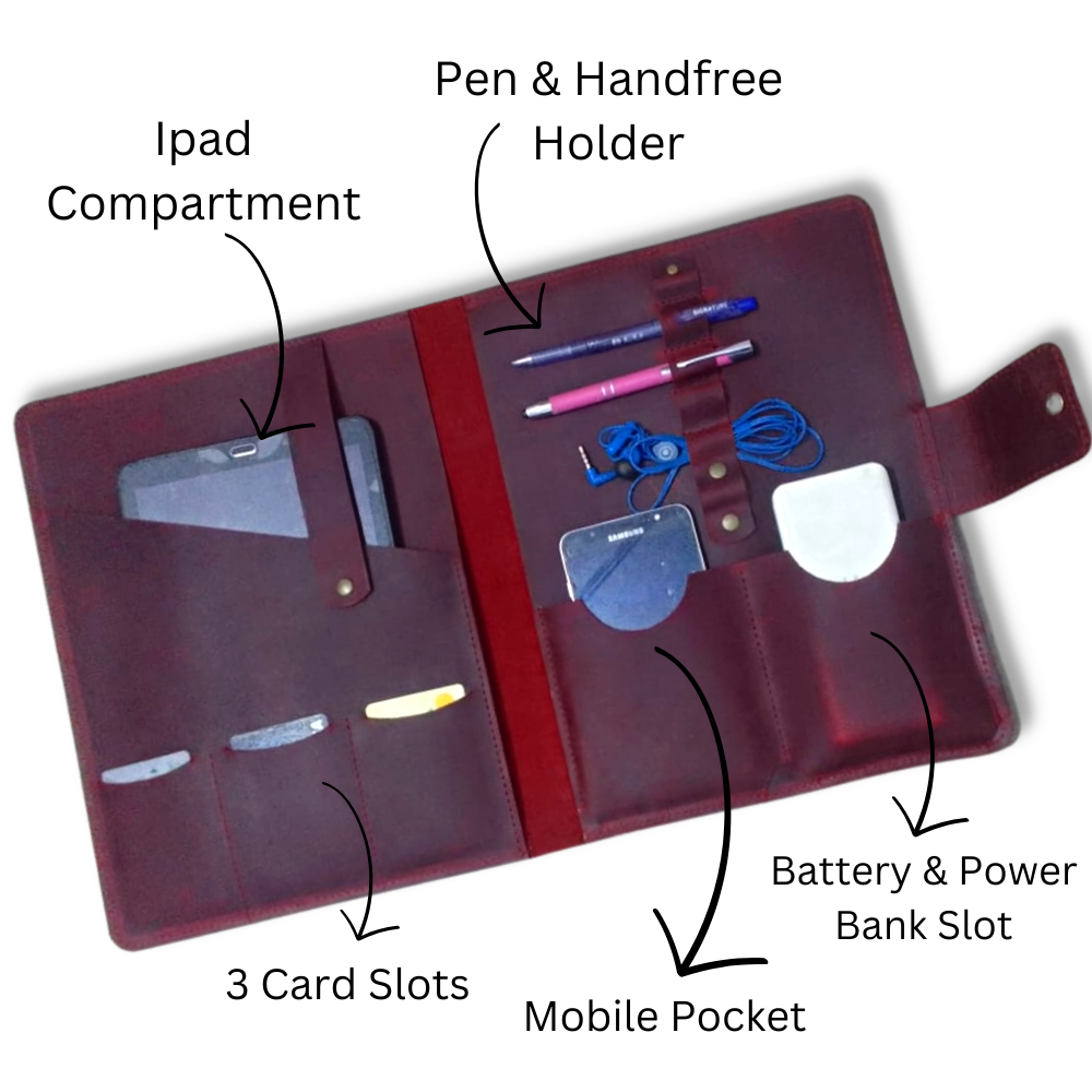 Leather tablet organizer with mobile and notebook slots
