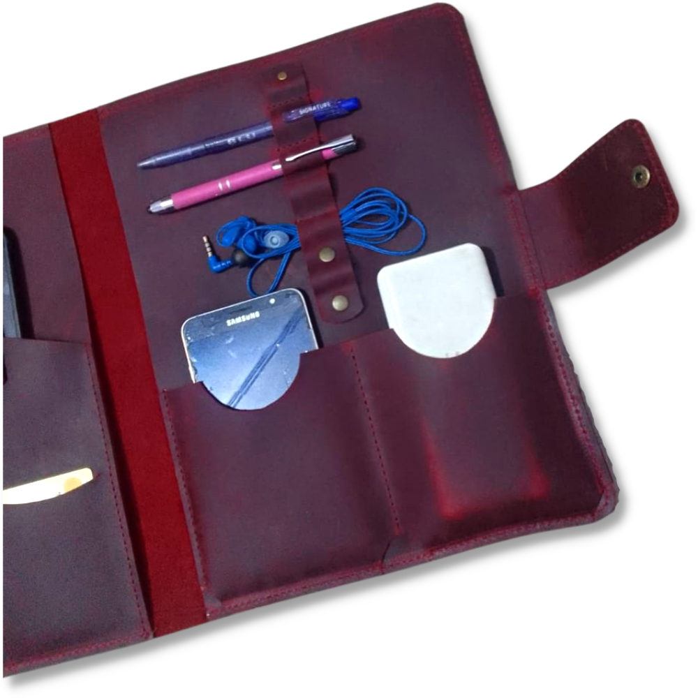 Leather tablet organizer with mobile and notebook slots