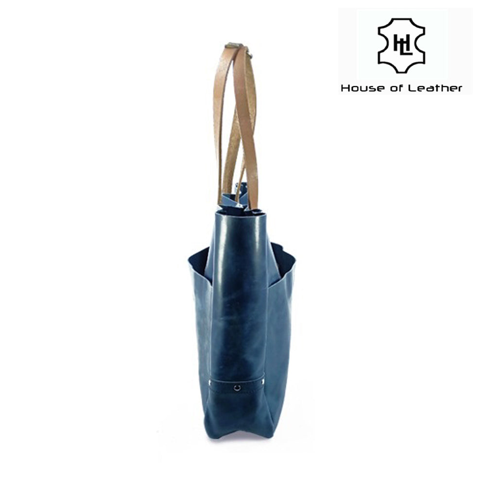 Navy blue leather tote bag with magnetic closure