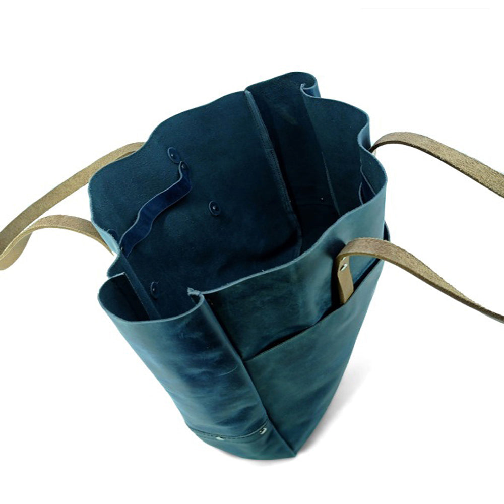 Large navy leather carryall tote for work and travel